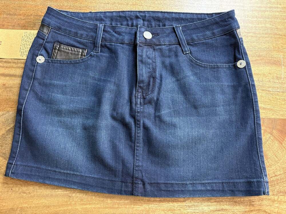 True Religion Skirt Womens 30 Blue Denim Mini Straight Leather Trim Made USA